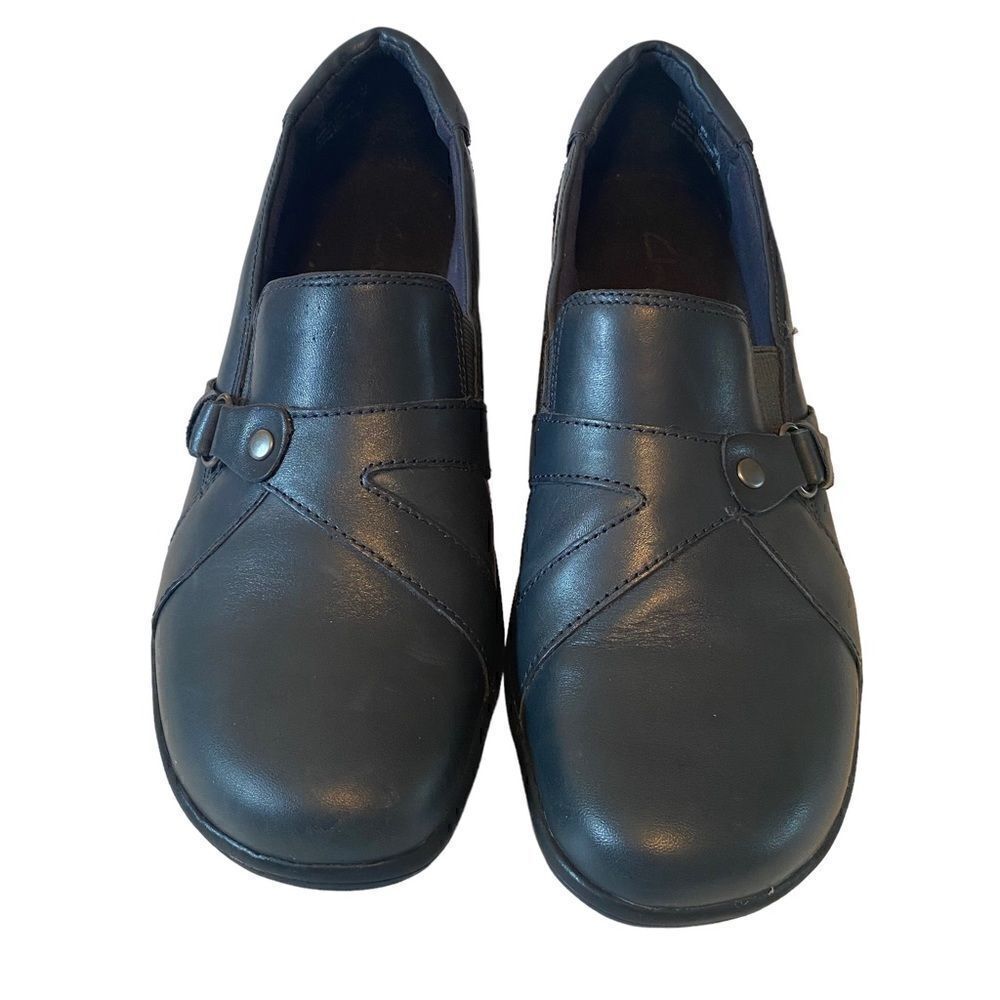 Clarks Blue Upper Leather Slip-On Wedge Heel Rubber Soled Shoes in Ladies Sz 8